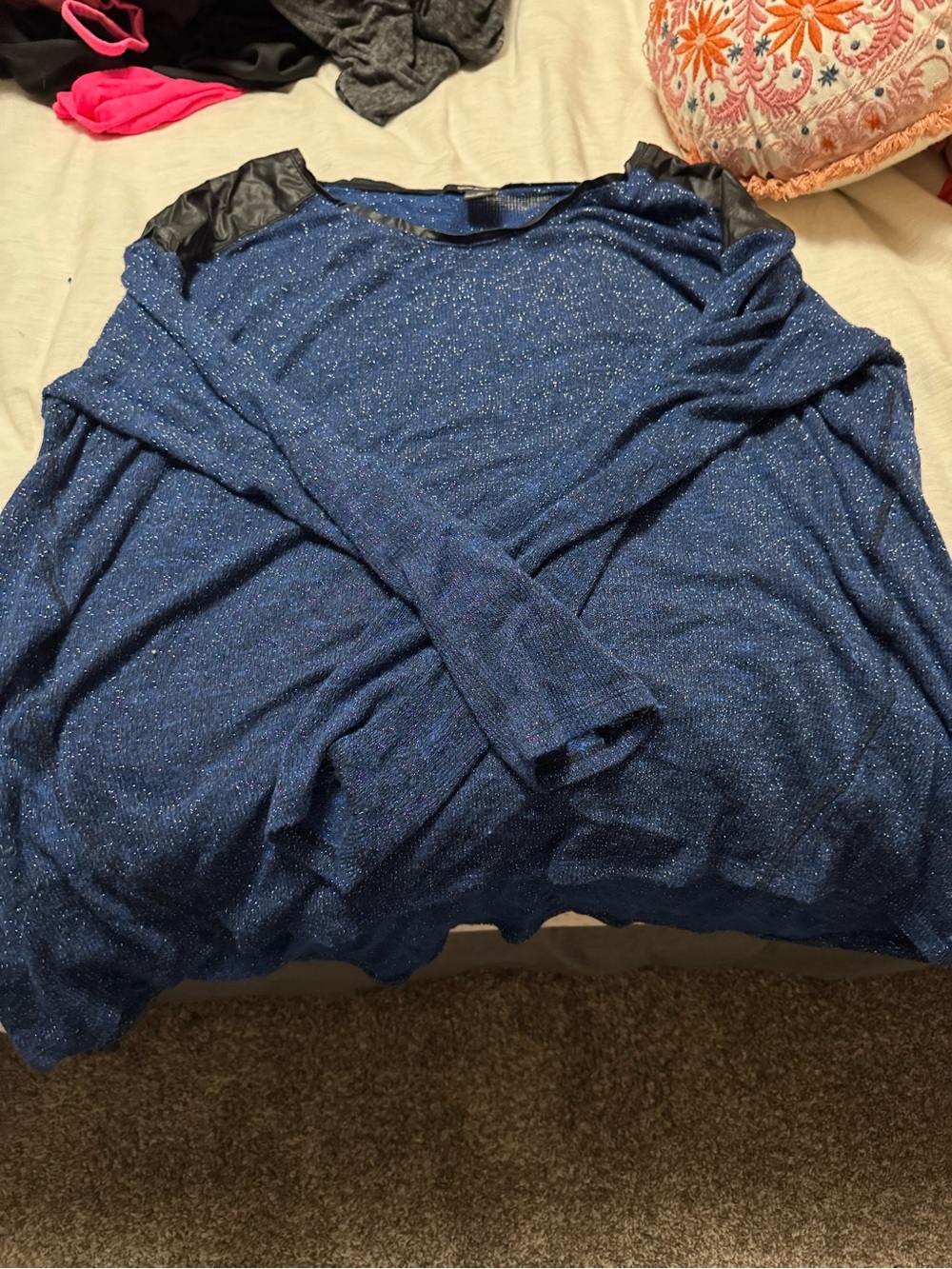 DKNY Jeans Navy Blue Sparkle Sweater with Faux Leather Trim